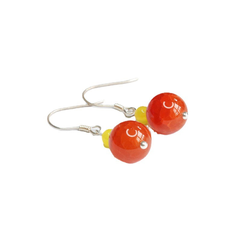 S925 Silver Natural Red Agate Ear Hook Agate Ball Bead Earrings MN2061506