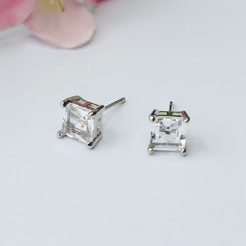 Genuine White Crystal Princess Square Earrings S925 Silver Needle Earrings CB3100812 