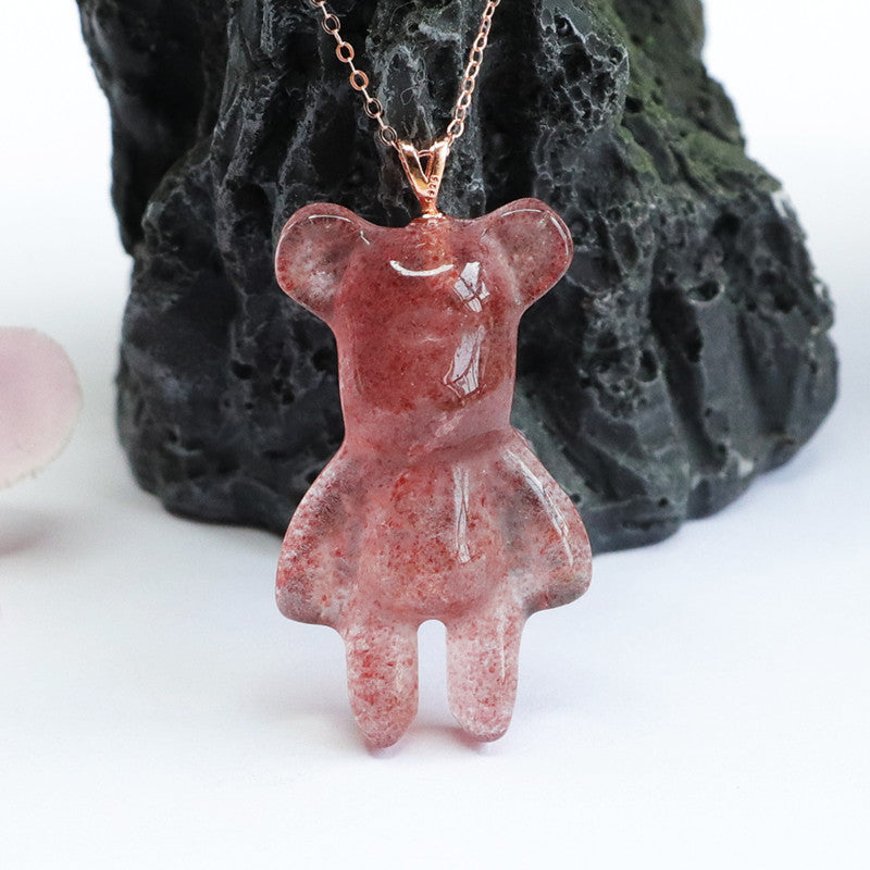 S925 Silver Inlaid Natural Strawberry Crystal Violent Bear Pendant Pigeon Blood Red Jewelry Live Delivery CB2042401 