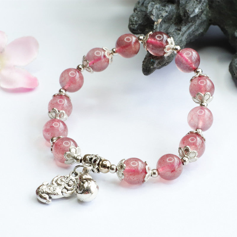 Natural Strawberry Crystal Bracelet Hidden Silver Pixiu Gourd Tassel Bracelet Jewelry Live Delivery CB2040801 