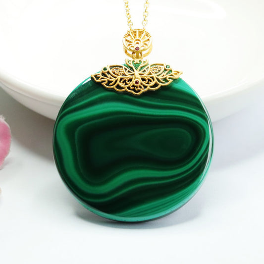 S925 silver inlaid with natural malachite pendant round plate Wushi brand CB2112601 