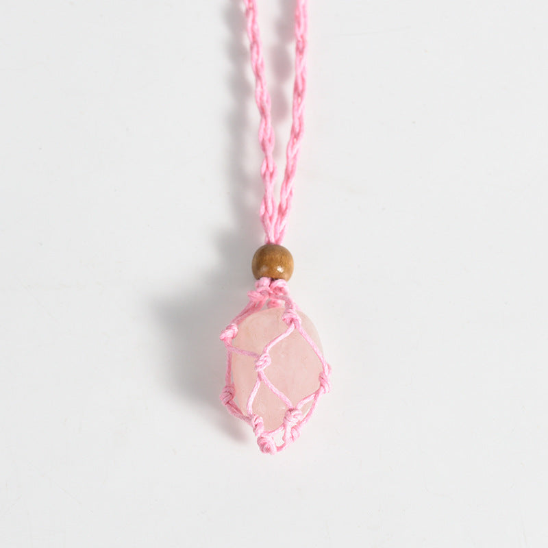 Natural mesh crystal pendant wrapped around silk European and American pink and white irregular stone necklace accessories 