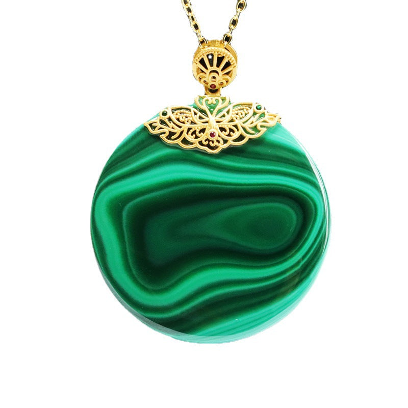 S925 silver inlaid with natural malachite pendant round plate Wushi brand CB2112601 