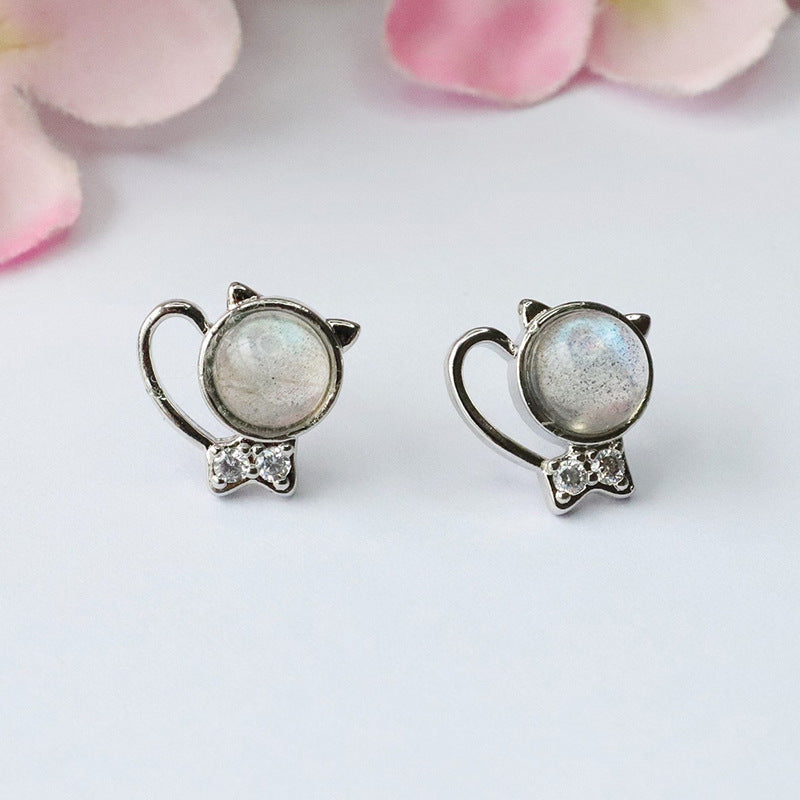 Natural Moonstone Cat S925 Silver Needle Earrings Labradorite Earrings CB3100313 