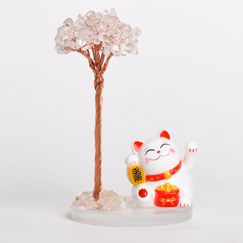 Natural crystal tree gravel ornaments crystal tree home creative office decoration crafts white cat style 