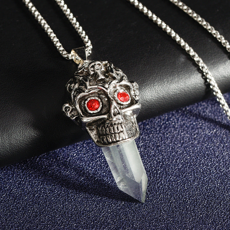 European and American style jewelry punk style skull pirate metal white crystal original stone column pendant necklace 