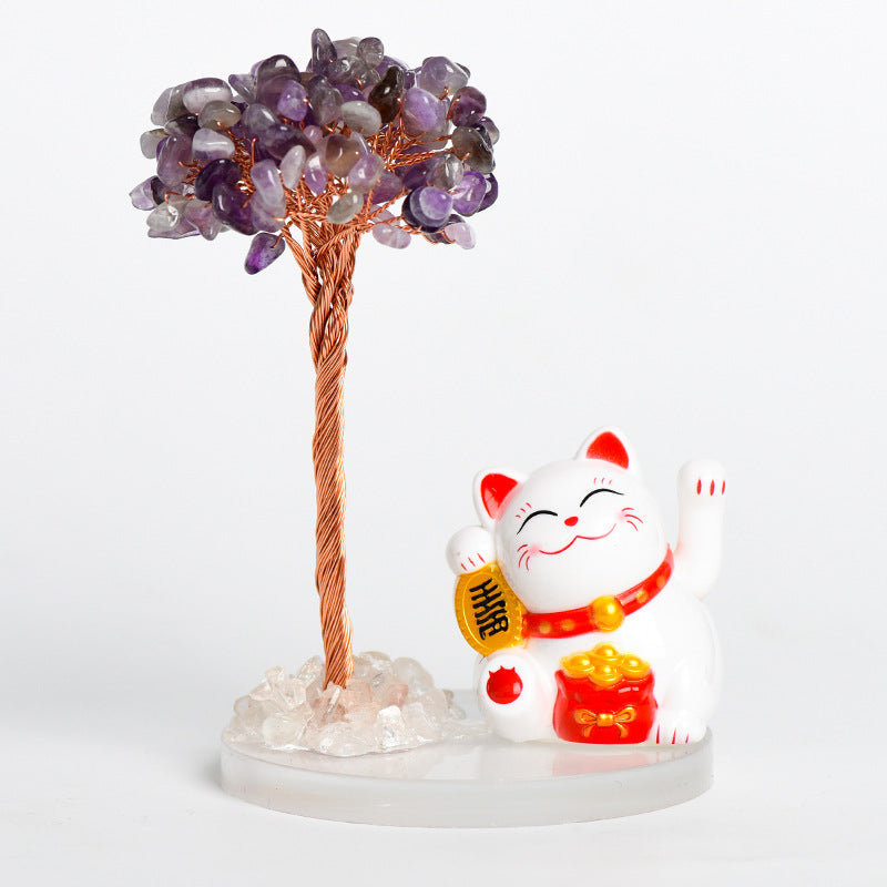 Natural crystal tree gravel ornaments crystal tree home creative office decoration crafts white cat style 