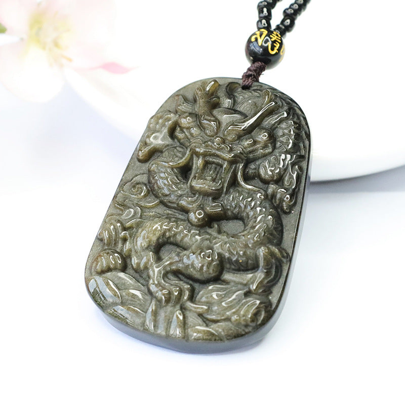 Gold obsidian stone dragon brand pendant gold sand obsidian necklace for men CB3101312 