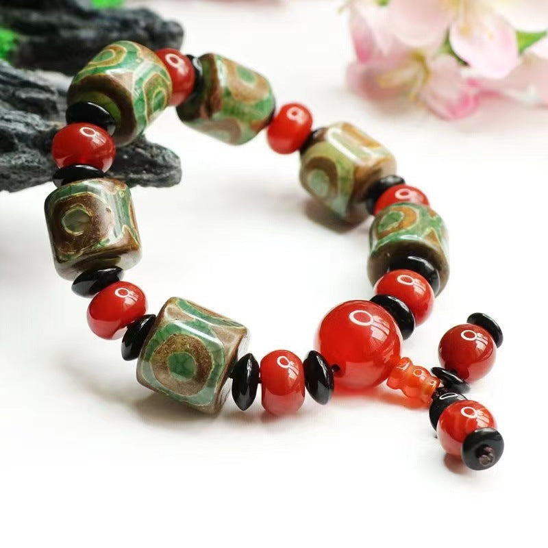 Three-eyed Dzi Beads Red Agate Bucket Beads Bracelet Jewelry MN1122578