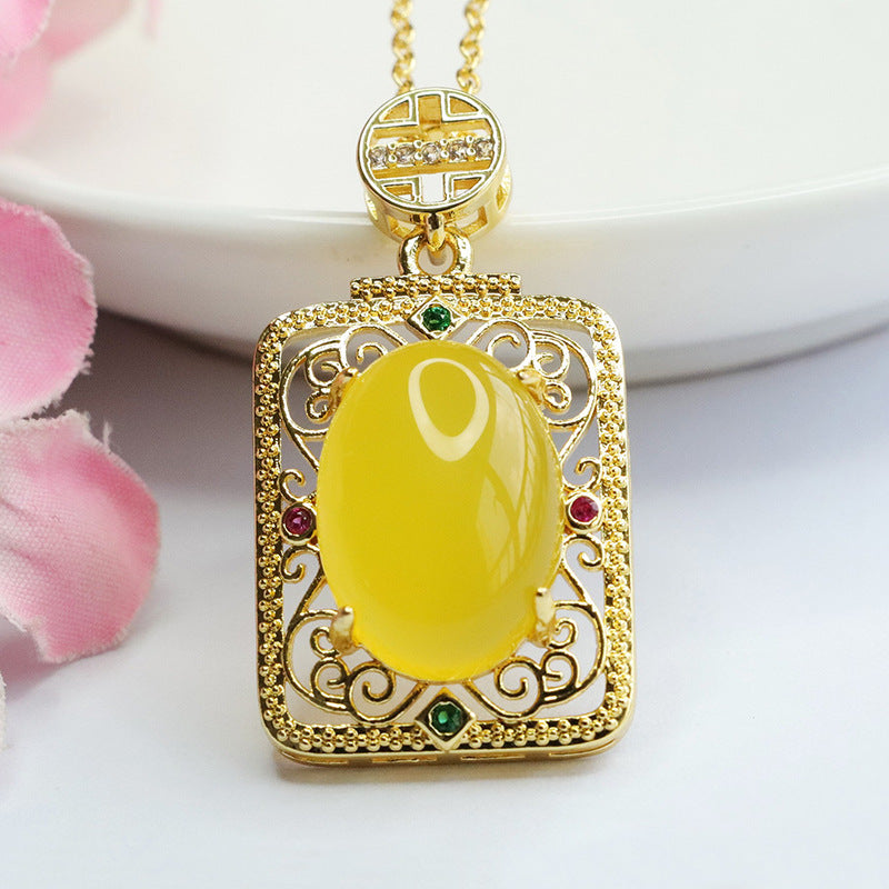 Natural red agate square plate pendant yellow and green chalcedony necklace retro jewelry MN3110513