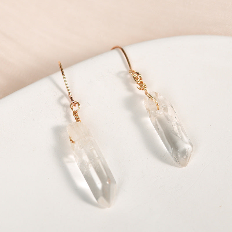 Wholesale natural white crystal column earrings, simple women's long earrings, irregular raw stone earrings 