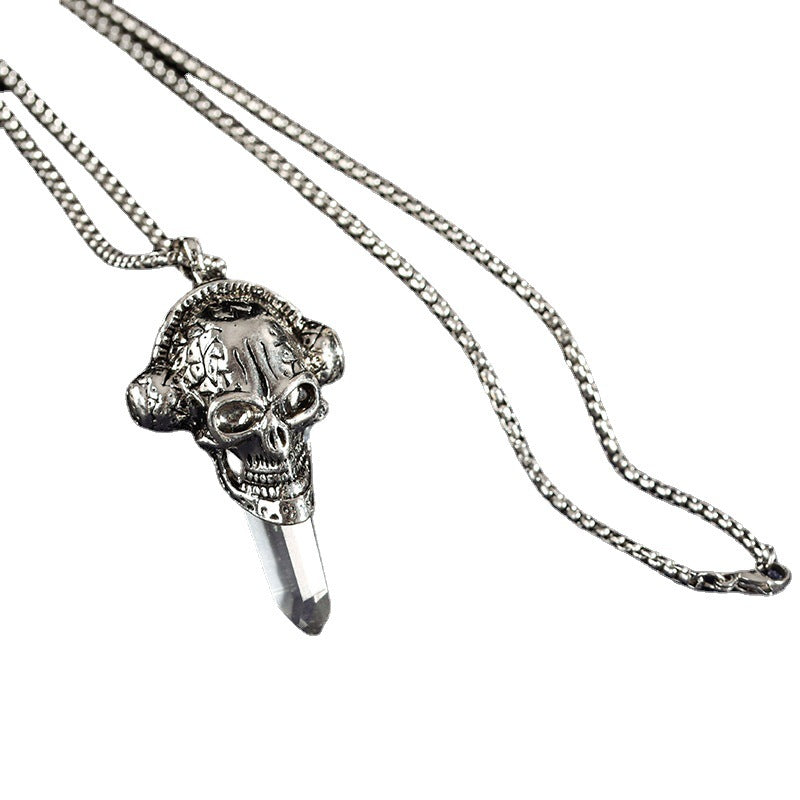 European and American style jewelry punk style skull pirate metal white crystal original stone column pendant necklace 