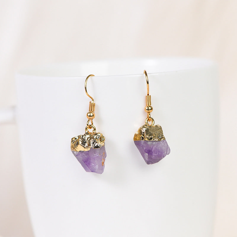 Natural amethyst raw stone gold-plated irregular earrings simple women's handmade earrings 