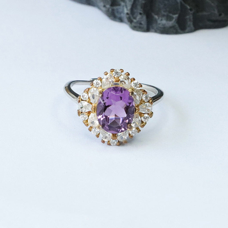 S925 silver inlaid natural amethyst ring purple colored gemstone ring CB3100107 