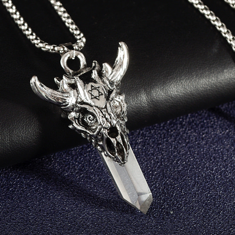 European and American style jewelry punk style skull pirate metal white crystal original stone column pendant necklace 