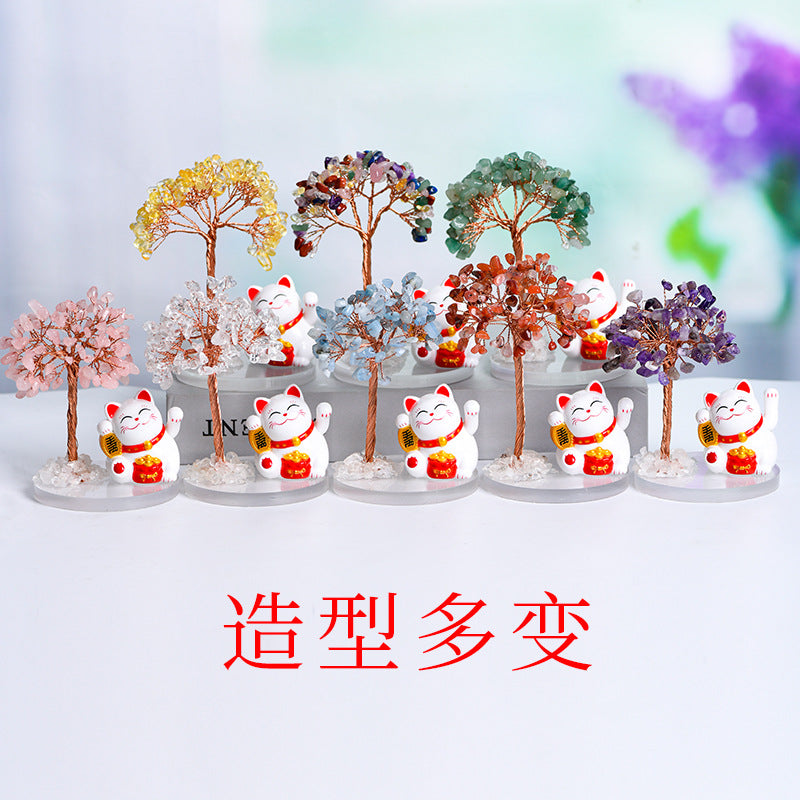 Natural crystal tree gravel ornaments crystal tree home creative office decoration crafts white cat style 