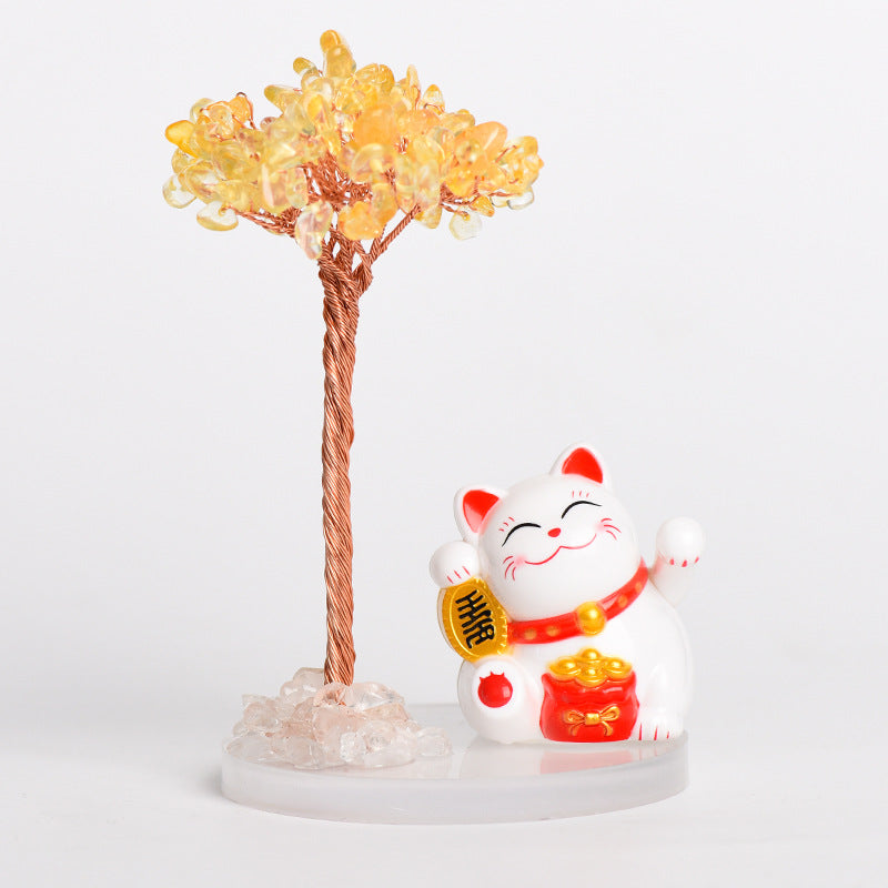 Natural crystal tree gravel ornaments crystal tree home creative office decoration crafts white cat style 