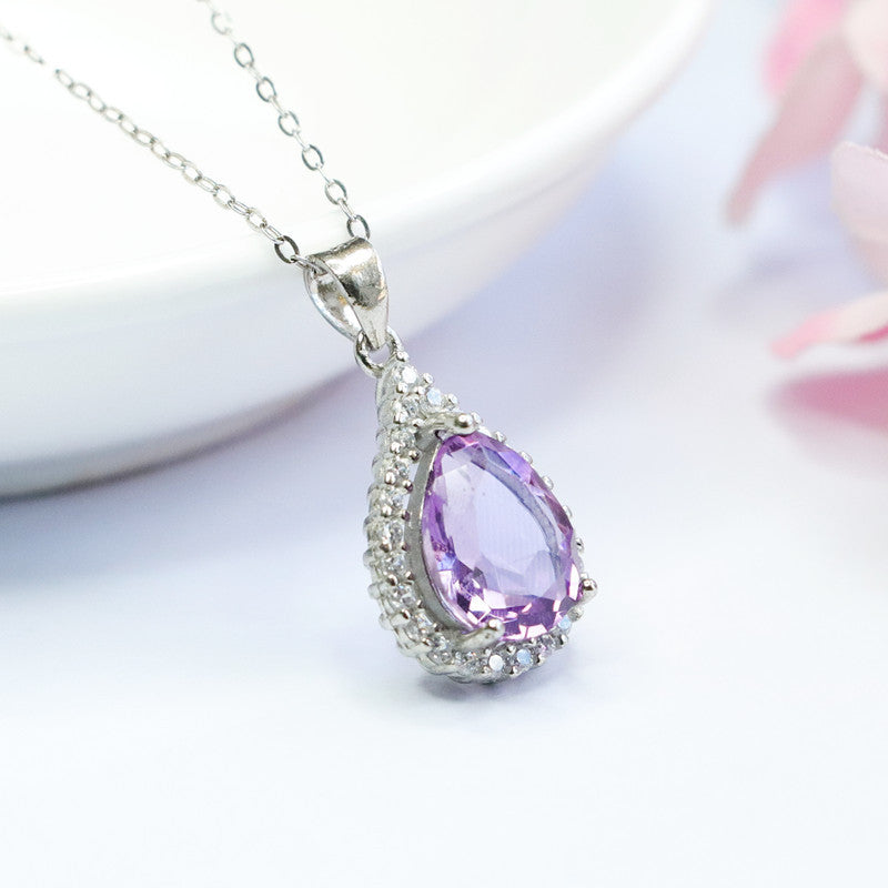 S925 silver inlaid natural amethyst pendant water drop light luxury colorful treasure live supply CB2082012 