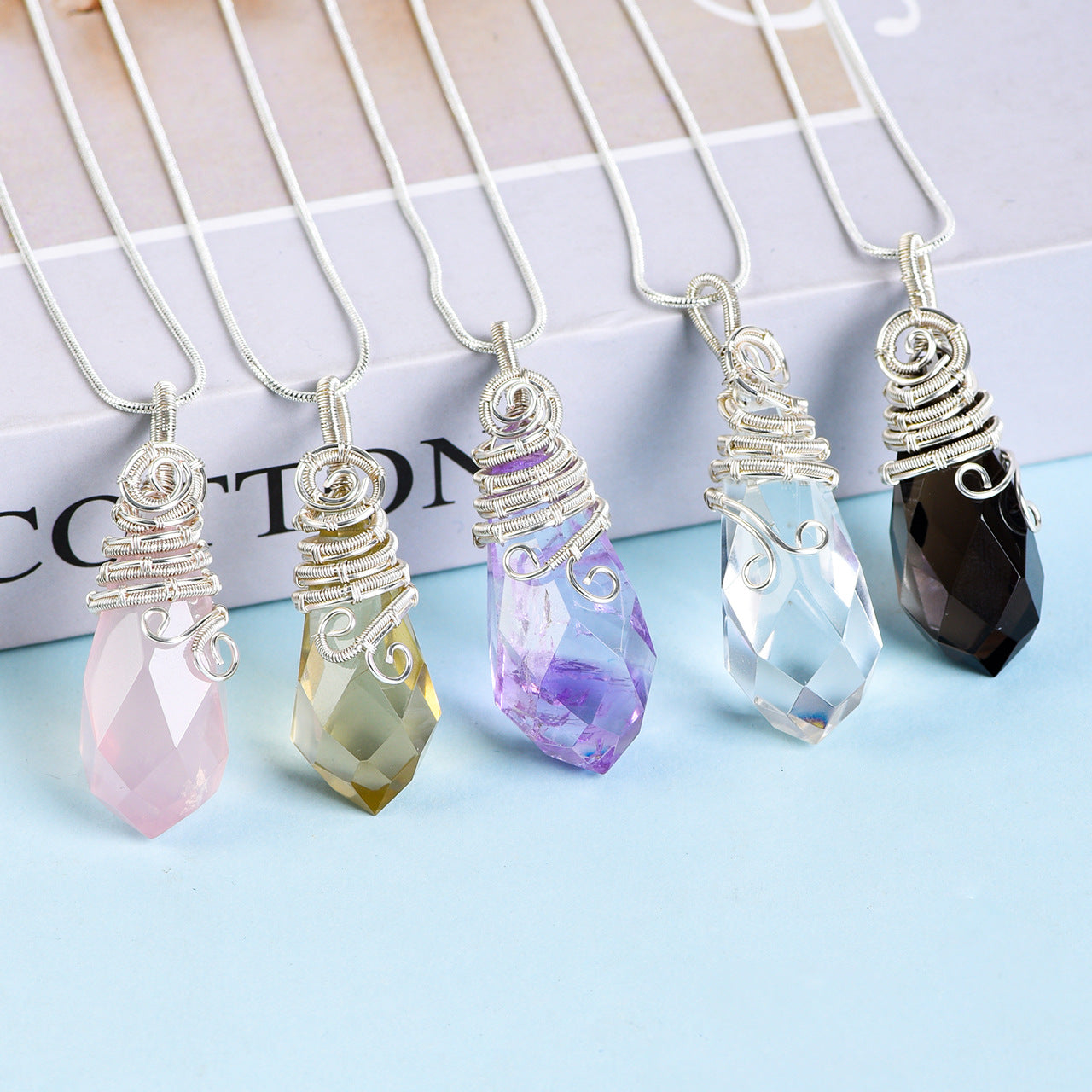 Natural crystal raw stone pendant wrapped around silk European and American pink and white amethyst fluorite high-end crystal pendulum necklace accessories 