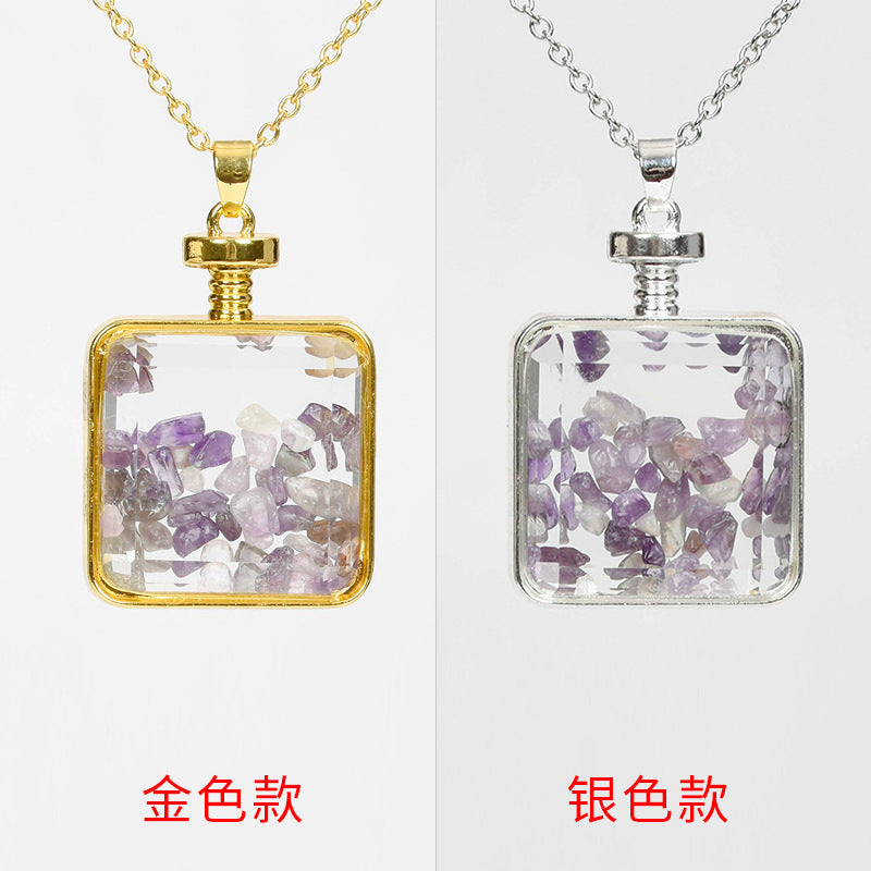 Hot-selling new multi-color optional rose quartz simple personalized necklace round pendant decorated with gravel squares 