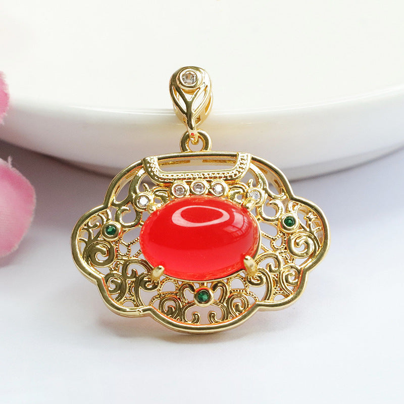 Natural red agate Ruyi lock pendant chrysoprase necklace retro jewelry MN3110511