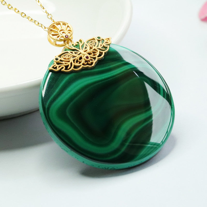 S925 silver inlaid with natural malachite pendant round plate Wushi brand CB2112601 