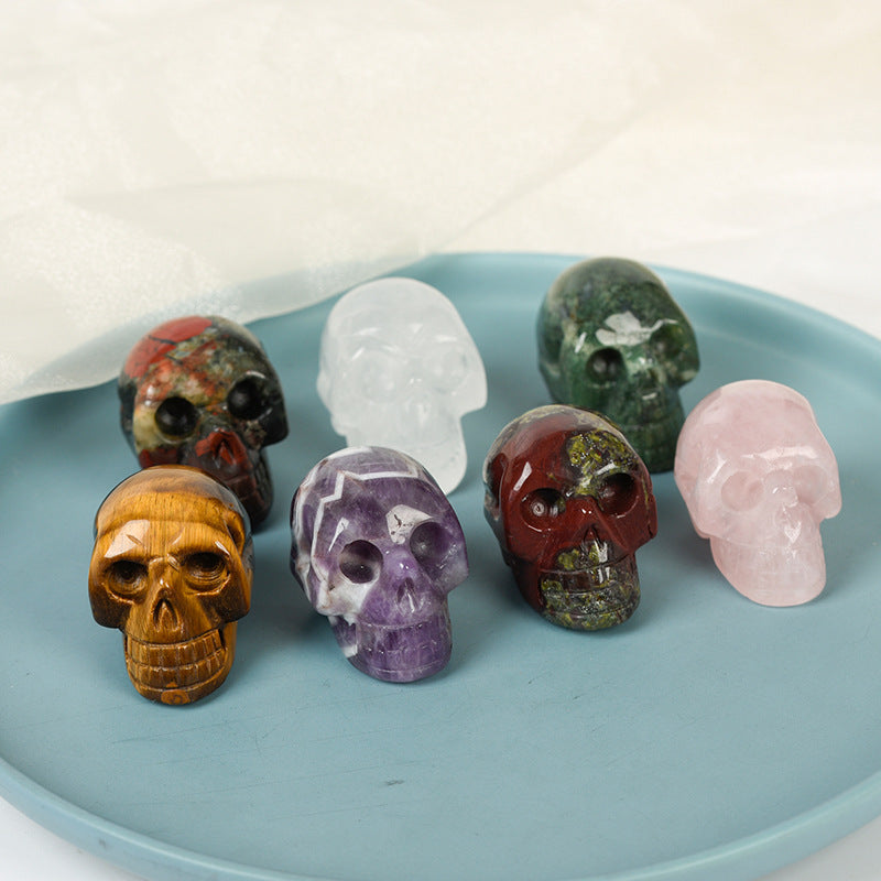 Crystal carved skull jade home office crystal pink aventurine semi-precious stone 1.5 inch skull ornament 