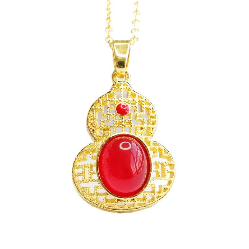 Natural chrysoprase gourd pendant hollow red agate necklace ethnic style MN3110608