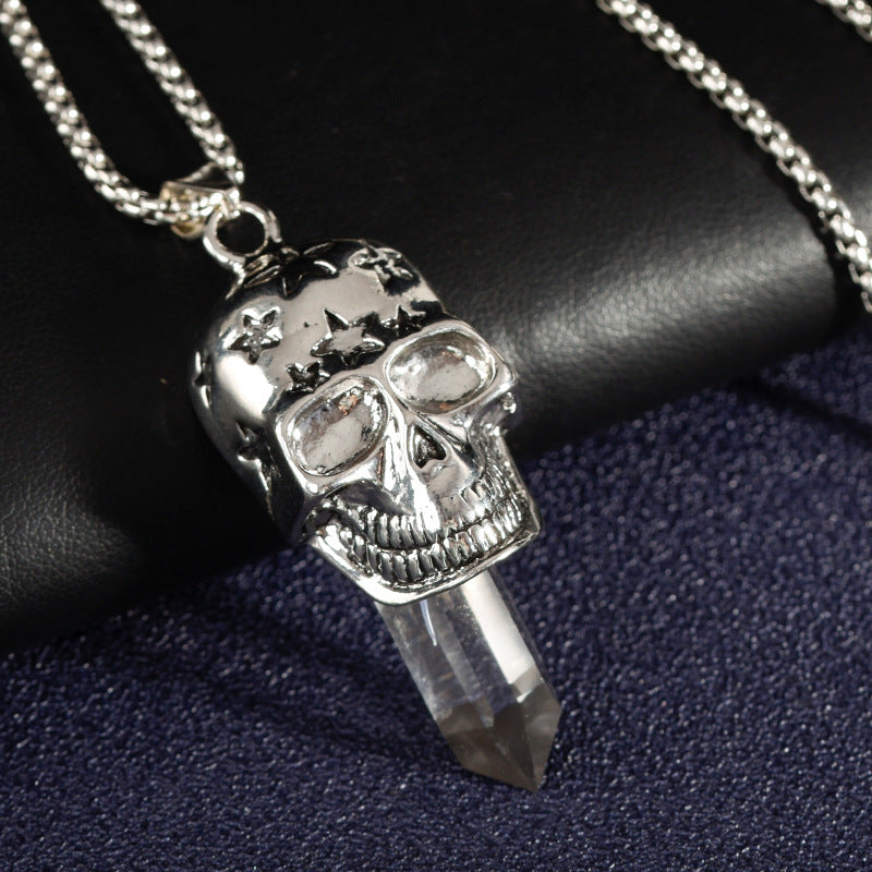 European and American style jewelry punk style skull pirate metal white crystal original stone column pendant necklace 