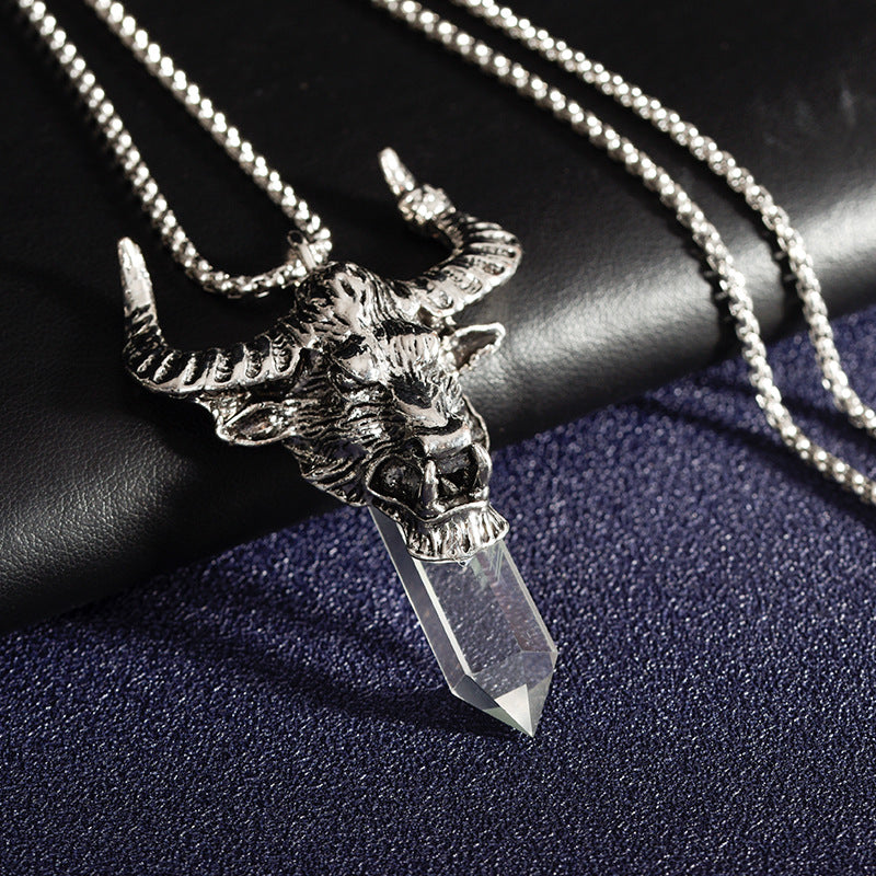 European and American style jewelry punk style skull pirate metal white crystal original stone column pendant necklace 