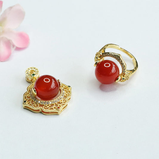 Carnelian set, chalcedony flower pendant ring, two-piece set of women's jewelry MN4060501