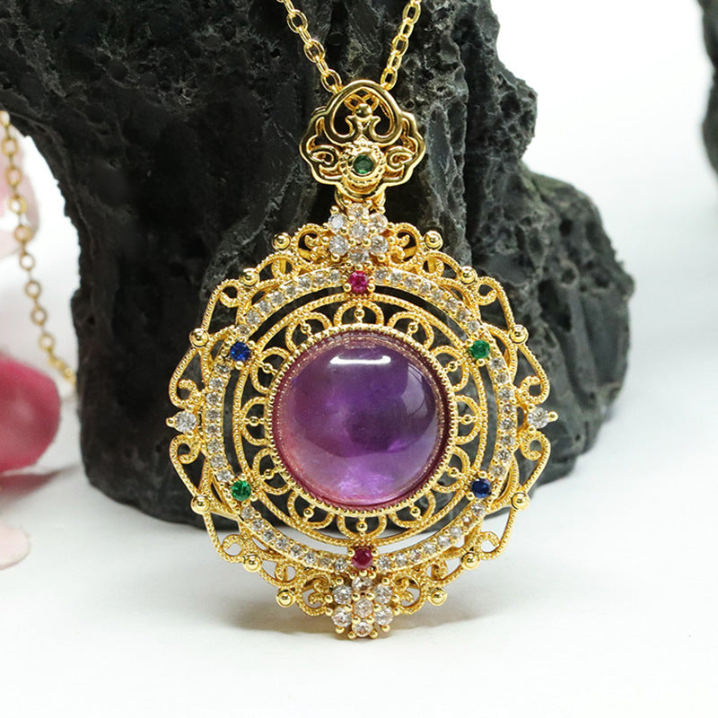 Natural Amethyst Pendant Purple Gemstone Baroque Retro Necklace for Women CB3091006 