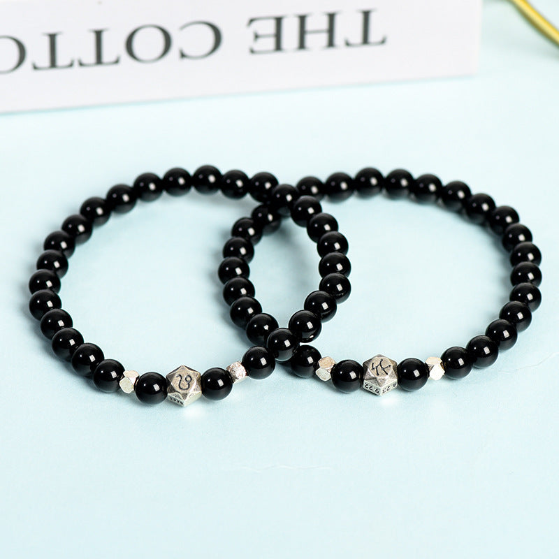 Natural Obsidian Twelve Constellations Planet Bead Bracelet Obsidian Space Bracelet Couple Style Finger Wrap Soft Bracelet 