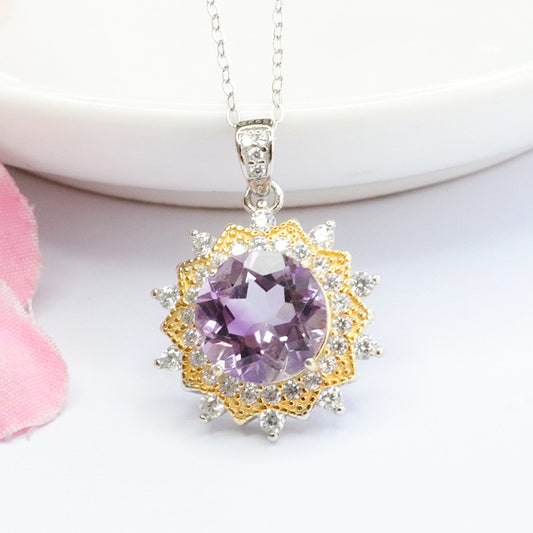 S925 silver inlaid with natural amethyst pendant purple colorful gem necklace CB3110106 