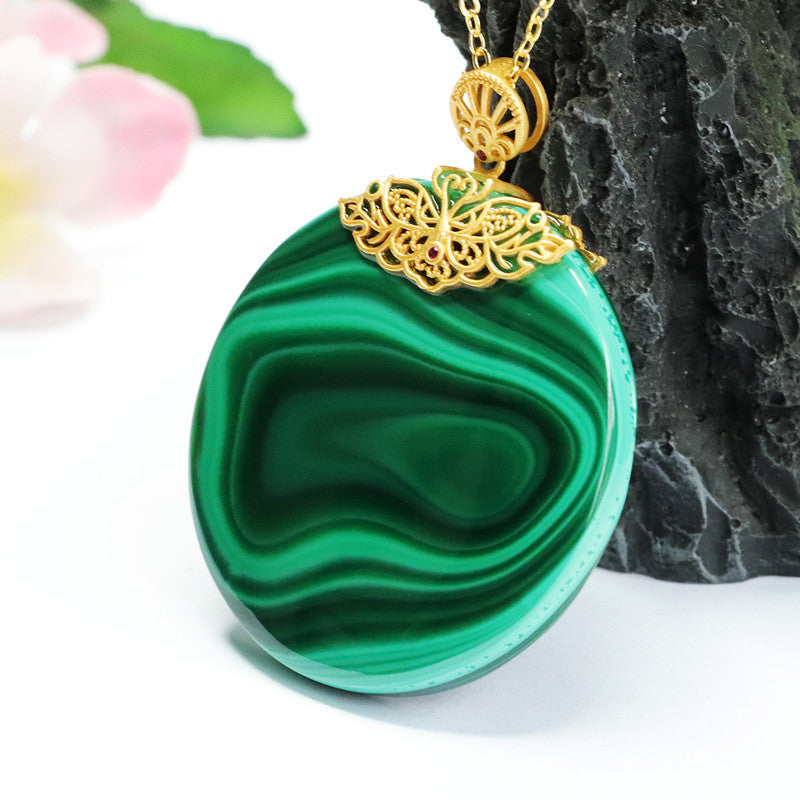 S925 silver inlaid with natural malachite pendant round plate Wushi brand CB2112601 