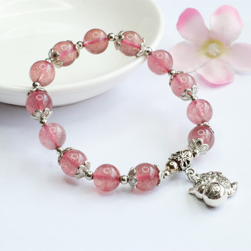 Natural Strawberry Crystal Bracelet Hidden Silver Pixiu Gourd Tassel Bracelet Jewelry Live Delivery CB2040801 