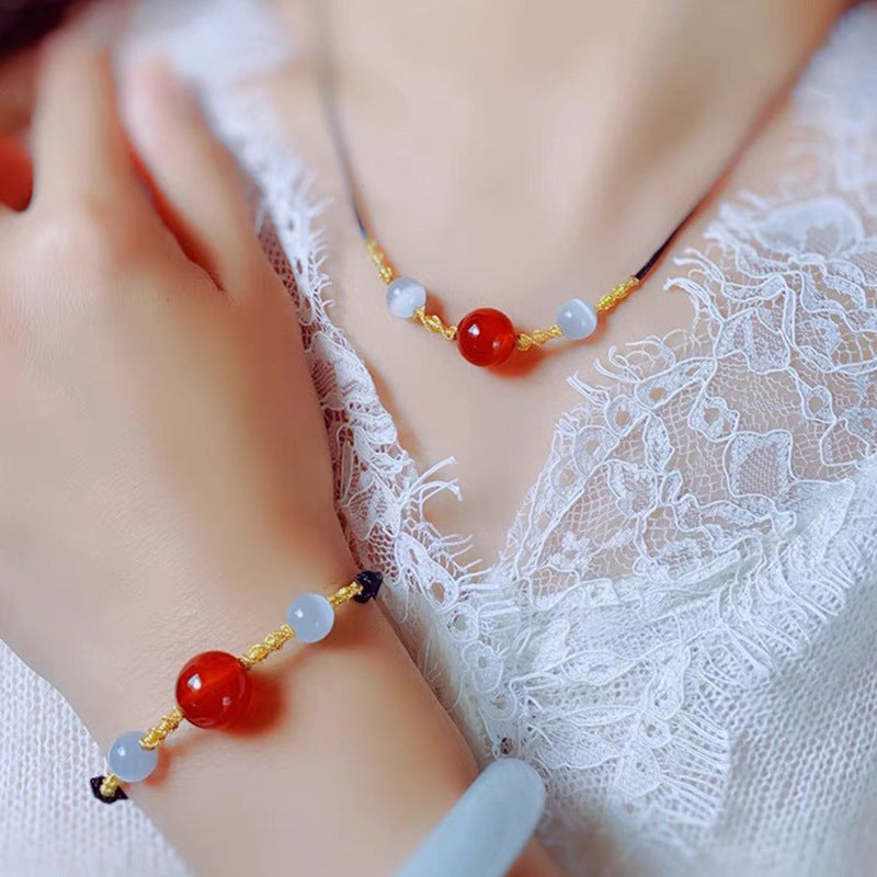 Acacia bean red agate clavicle necklace bracelet Xiaohongshu Douyin same style cat's eye stone MN2061209