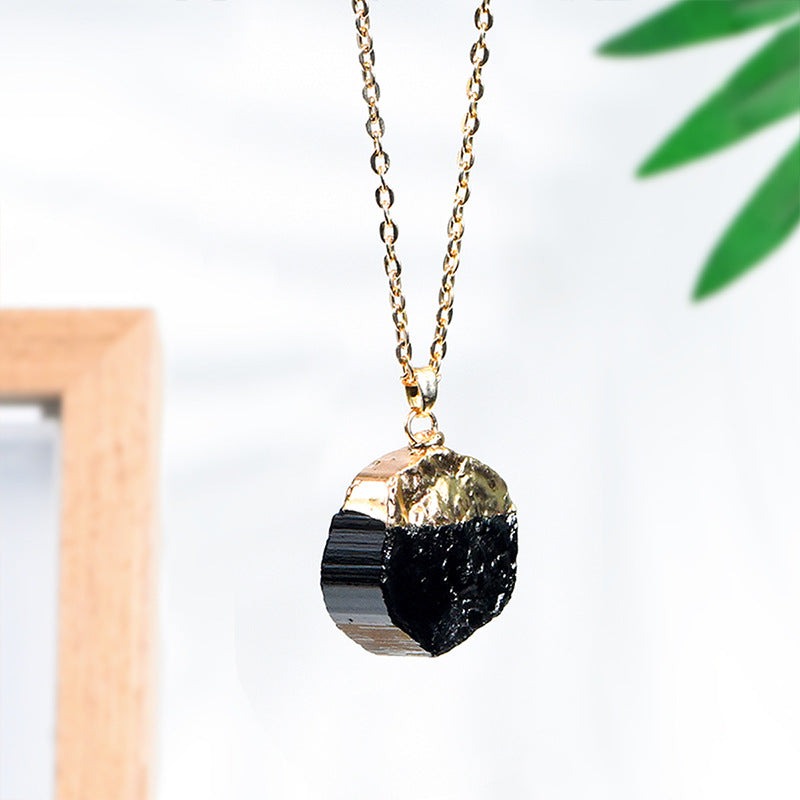 Natural black tourmaline electroplated pendant large quantity spot natural crystal raw stone handmade diy pendant necklace 