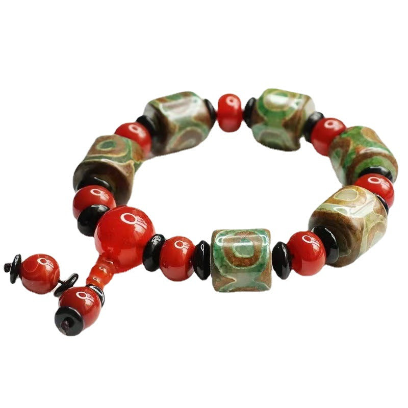 Three-eyed Dzi Beads Red Agate Bucket Beads Bracelet Jewelry MN1122578