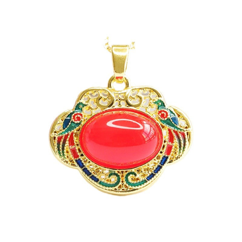 Natural red agate Ruyi pendant enamel green chalcedony necklace national trend MN3110611