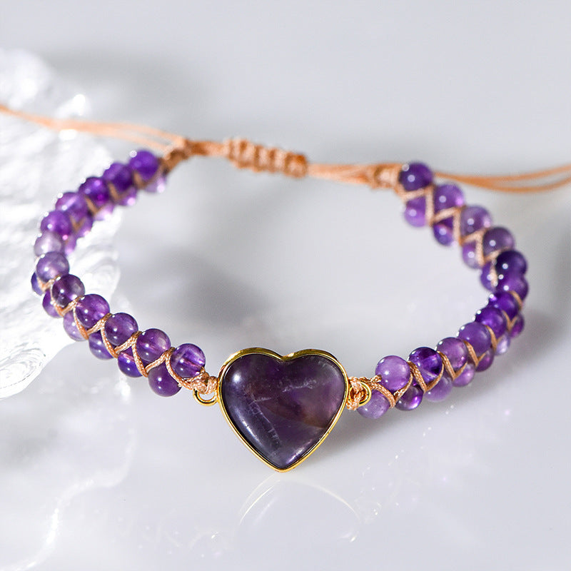 New hand-woven peach heart labradorite bracelet wrapped with amethyst heart-shaped stone adjustable women's bracelet 