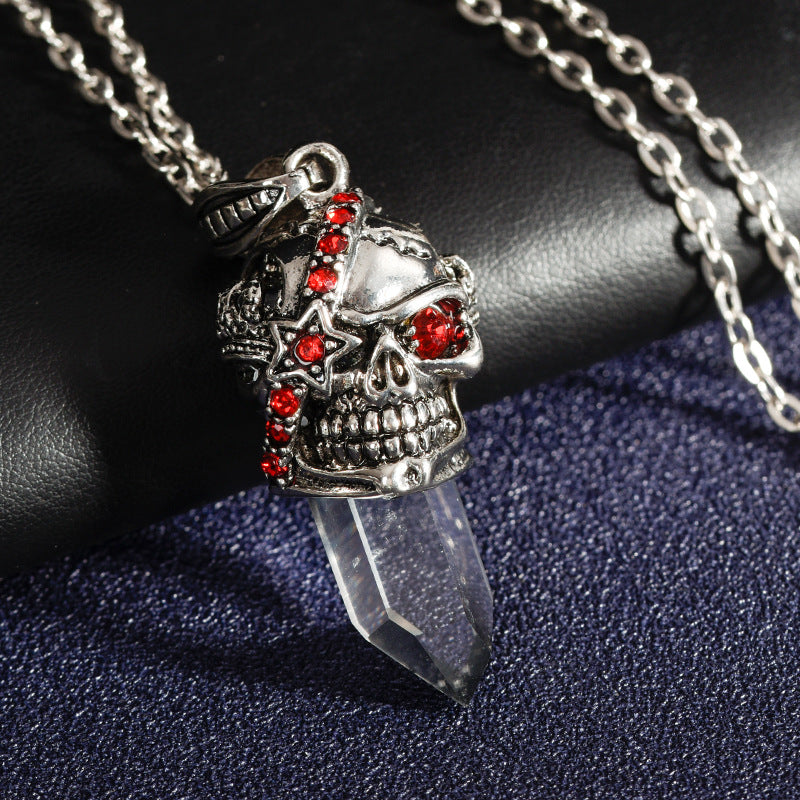 European and American style jewelry punk style skull pirate metal white crystal original stone column pendant necklace 