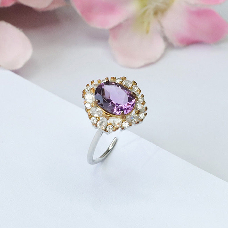 S925 silver inlaid natural amethyst ring purple colored gemstone ring CB3100107 