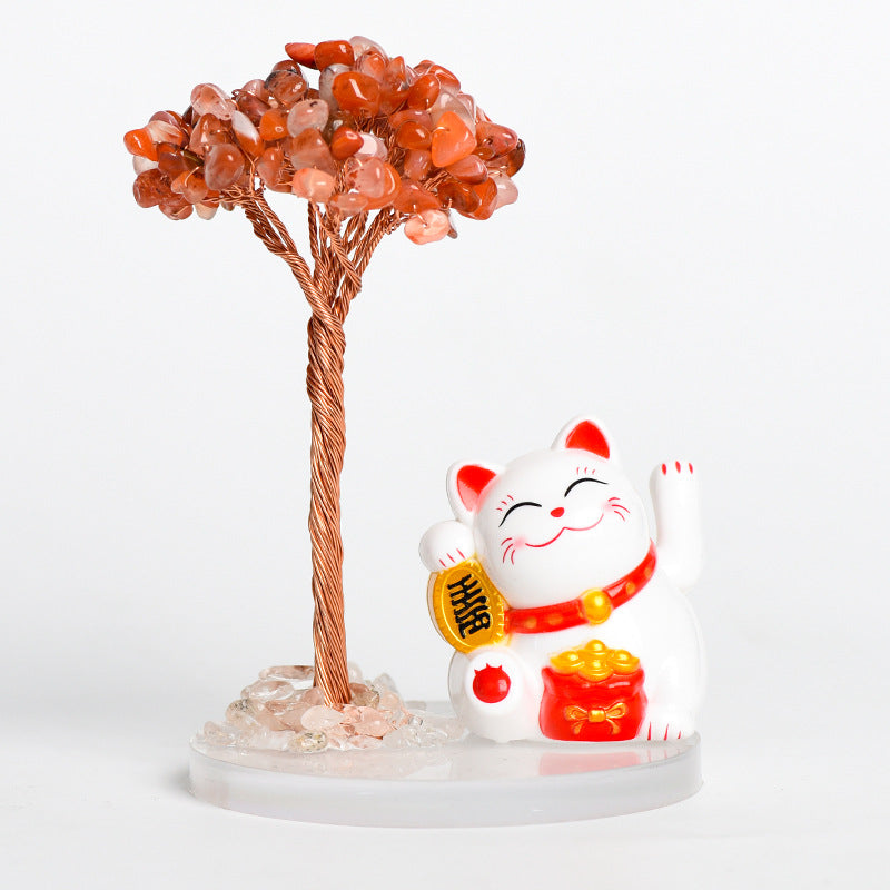 Natural crystal tree gravel ornaments crystal tree home creative office decoration crafts white cat style 