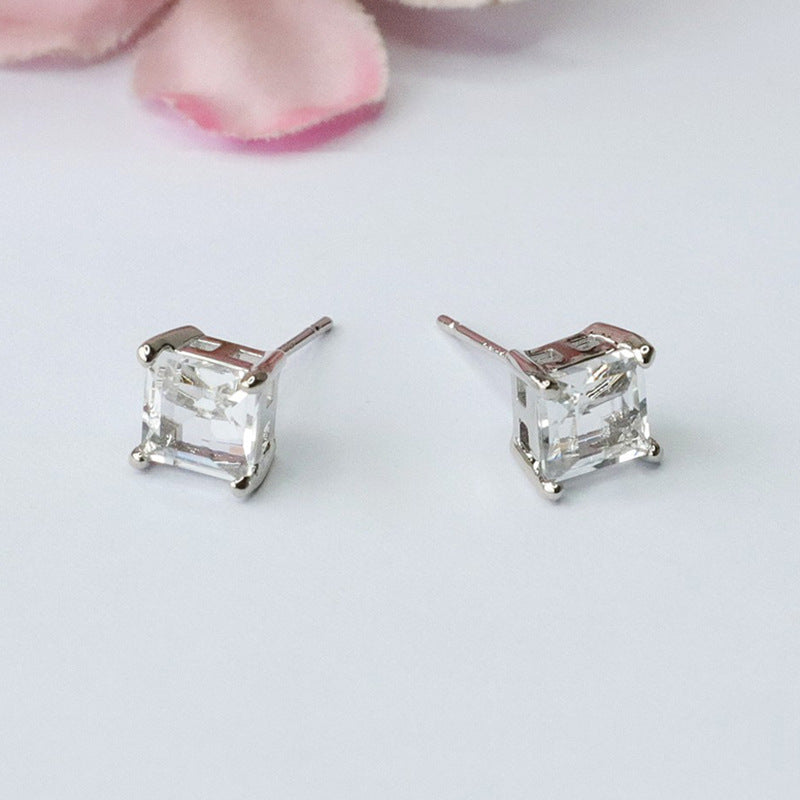 Genuine White Crystal Princess Square Earrings S925 Silver Needle Earrings CB3100812 