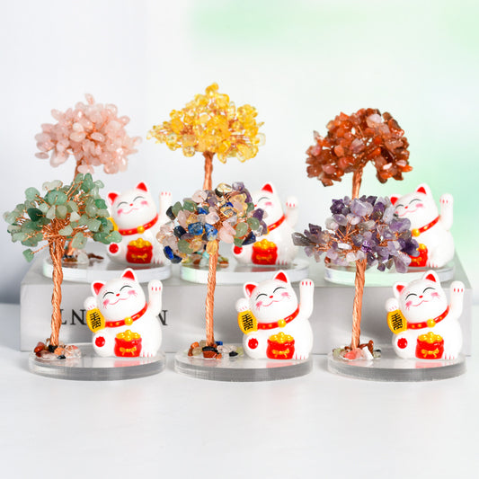 Natural crystal tree gravel ornaments crystal tree home creative office decoration crafts white cat style 