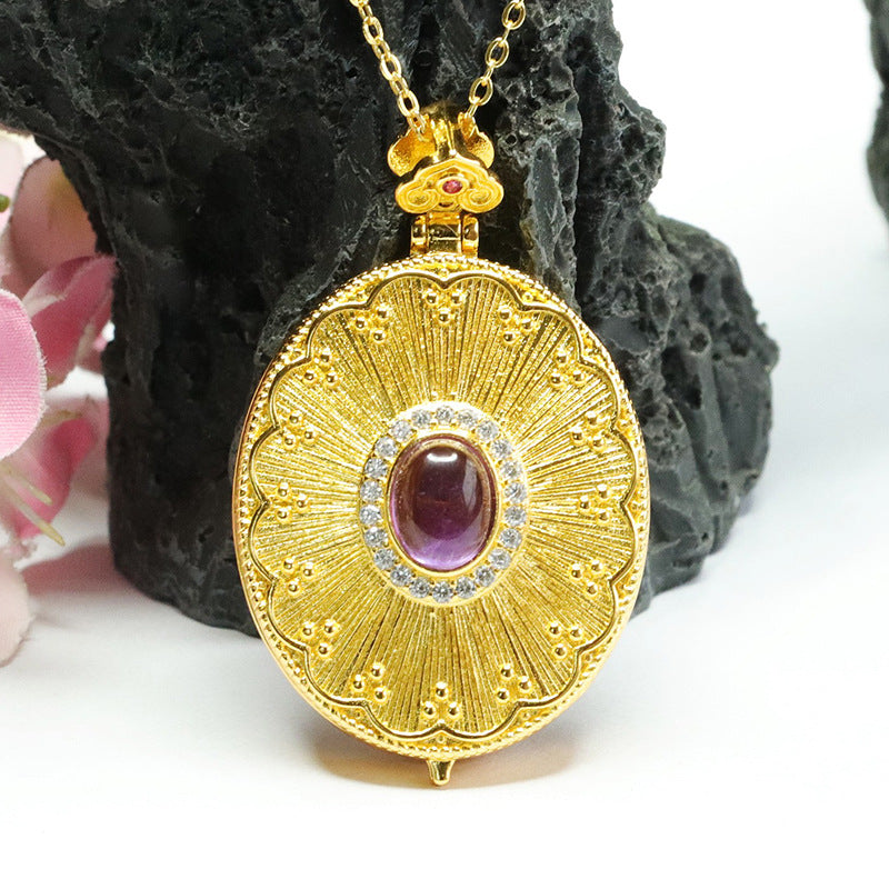 Natural Amethyst Pendant Purple Gemstone Guanyin Photo Box Necklace Antique Jewelry CB3091004 