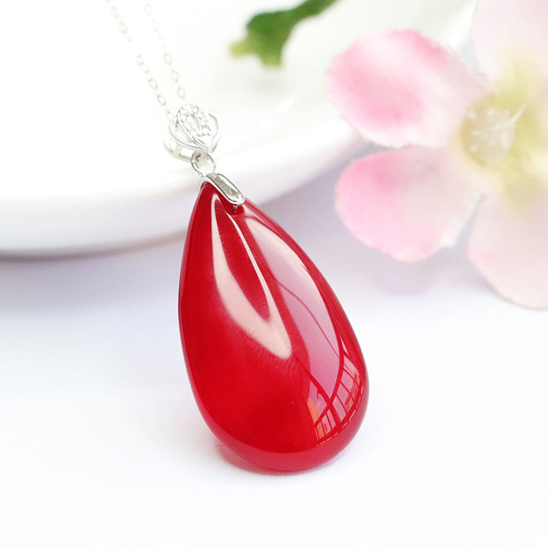 S925 silver inlaid with natural red agate pendant chalcedony drop necklace MN3110101