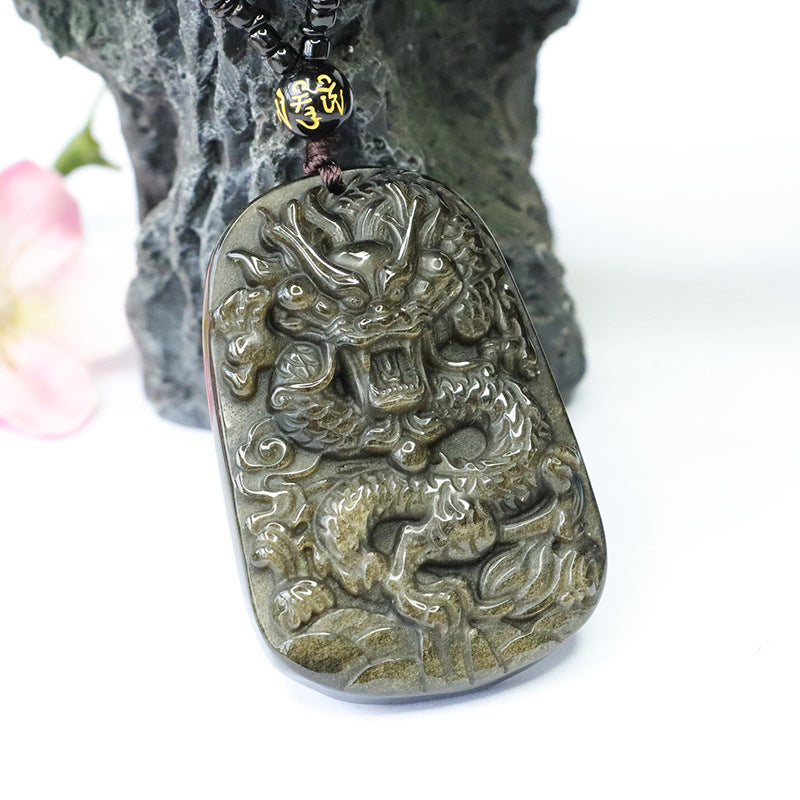 Gold obsidian stone dragon brand pendant gold sand obsidian necklace for men CB3101312 