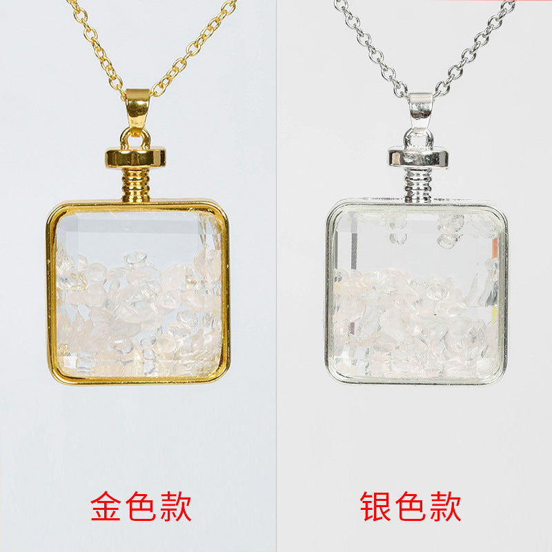 Hot-selling new multi-color optional rose quartz simple personalized necklace round pendant decorated with gravel squares 